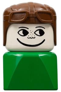 Duplo Male on Green Base - Male Duplo figure on a green base, wearing a brown aviator hat on a 2 x 2 x 2 brick - dupfig025