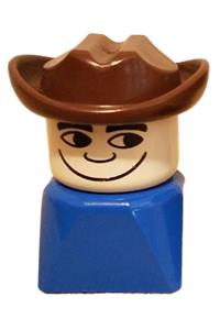 Duplo Male on Blue Base - A male Duplo figure brick Early placed on a blue base with a Fabuland brown Western hat - dupfig026