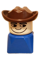 Duplo 2 x 2 x 2 Figure Brick Early, Male on Blue Base, Fabuland Brown Western Hat - dupfig026