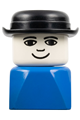 Male Duplo figure on a blue base with a bowler hat, built with 2 x 2 x 2 bricks - dupfig027