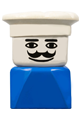 Male Duplo figure on a blue base wearing a chef hat, with a moustache and with a 2 x 2 x 2 brick - dupfig028