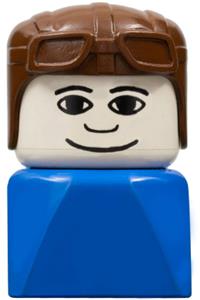 Duplo Male on Blue Base - Duplo figure brick early with a male minifigure on a blue base wearing a brown aviator hat - dupfig029