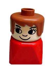 Duplo 2 x 2 x 2 Figure Brick Early, Female on Red Base, Fabuland Brown Hair, Eyelashes, Nose dupfig030