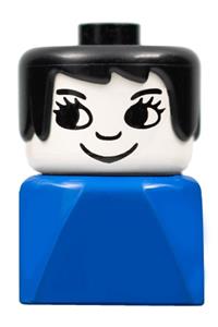 Duplo Female on Blue Base - Female Duplo figure with black hair, eyelashes, and nose, on a blue base - dupfig031