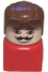 Duplo Male on Red Base - Male Duplo figure with a moustache, wearing a brown aviator hat, standing on a red base - dupfig032