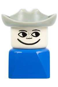 Duplo Male on Blue Base - A male Duplo figure brick early on a blue base with a light gray western hat and freckles - dupfig033