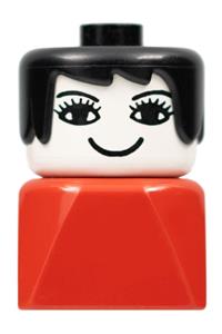 Duplo Female on Red Base - Female Duplo figure on red base with black hair, eyelashes, and nose, built on a 2 x 2 x 2 brick - dupfig034