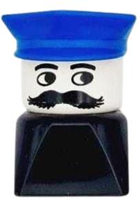 Duplo Male on Black Base - Male Duplo figure on black base with a blue police hat and a moustache - dupfig036