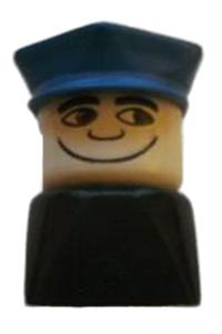 Duplo Male on Black Base - Male Duplo figure on black base, wearing a blue police hat - dupfig037