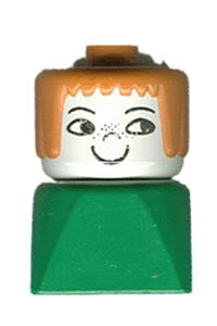 Duplo Female on Green Base - Female DUPLO figure with earth orange hair, nose freckles standing on a green base brick - dupfig040