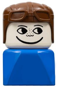 Duplo Male on Blue Base - Male Duplo figure with freckles, wearing a brown aviator hat, on a blue base - dupfig041