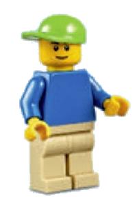 Male Minifigure - Minifigure wearing a plain blue torso, tan legs, and a lime short bill cap - edu003