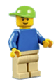 Minifigure wearing a plain blue torso, tan legs, and a lime short bill cap - edu003