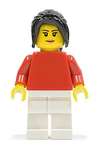 Female Minifigure - Minifigure with plain red torso and white legs, sporting long black hair in a ponytail with side bangs - edu004