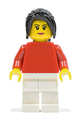 Minifigure with plain red torso and white legs, sporting long black hair in a ponytail with side bangs - edu004
