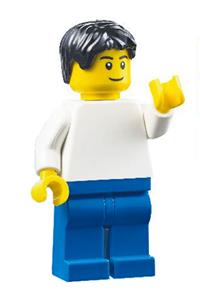 Male with plain White Torso - Minifigure with plain white torso, blue legs, black tousled hair, and black eyebrows - edu005