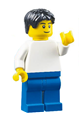 Minifigure with plain white torso, blue legs, black tousled hair, and black eyebrows - edu005