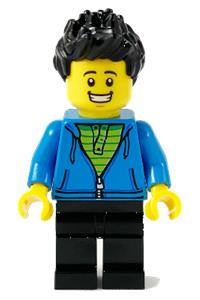 Male Minifigure - Male with black spiked hair, wearing a dark azure hoodie, lime shirt, and black legs - edu007