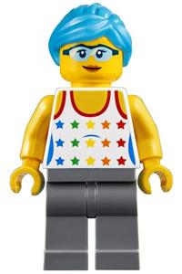 Female Minifigure - Female minifigure with dark azure hair, wearing a tank top with colored stars and dark bluish gray legs - edu009
