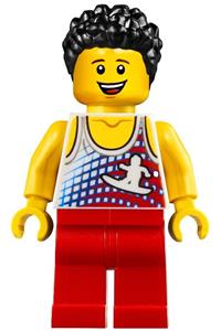 Male Minifigure - Male minifigure wearing a tank top with surfer print, red legs, and black hair - edu010