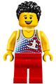Male minifigure wearing a tank top with surfer print, red legs, and black hair - edu010