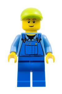 Man in Blue Overalls Minifigure - Man wearing blue overalls and a lime cap - edu012