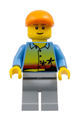 Man wearing a sunset and palm trees shirt with light bluish gray legs, and an orange cap - edu013