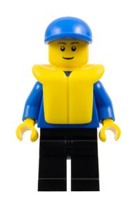 Boat Worker Minifigure - Boat worker with plain blue torso, black legs, wearing a blue cap and a life jacket - edu014