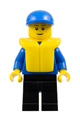 Boat worker with plain blue torso, black legs, wearing a blue cap and a life jacket - edu014