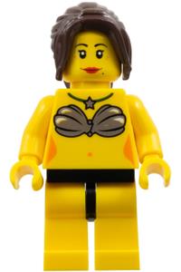 Windsurfer Minifigure - Female windsurfer with a shell bra, long dark brown hair, and black hips - edu016