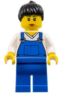 Dock Worker Minifigure - Female dock worker wearing blue overalls with a black ponytail - edu017