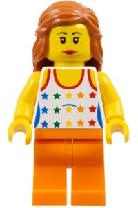 Woman Minifigure - Woman with long dark orange hair wearing a tank top with colored stars and orange legs - edu019