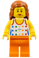 Woman with long dark orange hair wearing a tank top with colored stars and orange legs - edu019