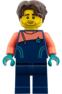 Arctic Photographer Minifigure - Arctic photographer with dark brown hair wearing a dark blue jacket, dark blue legs, and coral sleeves - edu024