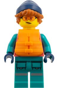 Arctic Explorer Female Minifigure - Female Arctic Explorer with dark orange hair, dark blue hat, coral and dark turquoise outfit and orange lifevest - edu025