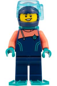 Arctic Explorer Diver Minifigure - Arctic Explorer Diver in a dark blue wetsuit with coral sleeves, dark turquoise tank and flippers, and a dark blue helmet - edu027