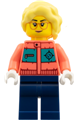 Female Arctic Explorer Photographer with bright light yellow long hair, coral jacket and dark blue legs - edu028