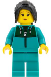 Astronaut Female Minifigure - Female astronaut with dark brown long hair wearing a dark turquoise track suit - edu032