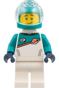 Astronaut Minifigure - Astronaut in a white spacesuit with dark turquoise panel and sleeves and a dark turquoise helmet - edu033