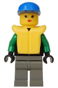 Extreme Team Member Minifigure - Green Extreme Team member wearing dark gray legs, a blue cap, and a life jacket - ext004