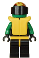 Extreme Team minifig wearing black legs with yellow hips, a green flame helmet, and a green life jacket from Extreme Team - ext005