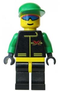 Extreme Team Member Minifigure - Minifigure from Extreme Team with green cap, black legs with yellow hips - ext007