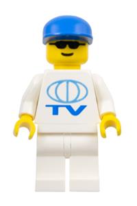 Camera Crew Minifigure - Camera Crew wearing a blue cap with white legs and TV logo large pattern - ext011