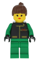 A minfigure from Extreme Team with green clothes, green legs, and brown ponytail hair - ext016