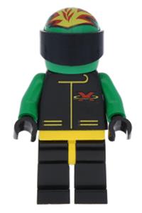 Extreme Team Member Minifigure - Green Extreme Team member wearing black legs with yellow hips and a green flame helmet - ext018