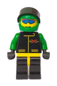 Extreme Team Member Minifigure - Minifigure with green helmet and legs, wearing a life jacket with trans-dark blue visor - ext019