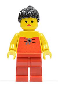 Female in Red Halter Top Minifigure - Minifigure with red halter top, red legs, and black ponytail hair - fbr001