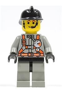 Firefighter Minifigure - Firefighter in City Center 3 with light gray legs, black hips, and a black fire helmet - fire008