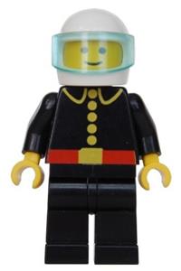 Firefighter Minifigure - Classic firefighter with a white helmet featuring a trans-light blue visor - firec003