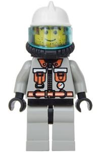 Firefighter Fred Minifigure - Minifigure in a fire outfit with City Center 5 print, white fire helmet, airtanks, light gray legs with black hips - firec014